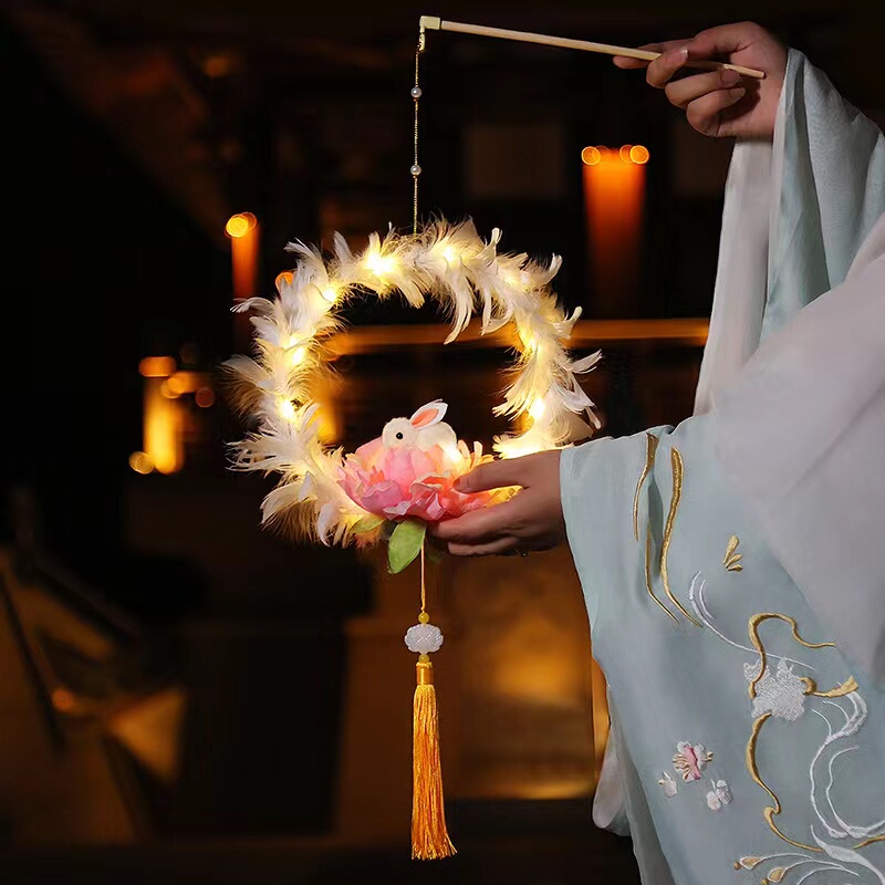 Chinese-Style Feather Rabbit Lantern, Children's Handheld Glowing Traditional Rabbit Year Lantern, Mid-Autumn Festival and New Year Decoration for Stall Setup Chinese-Style Feather Rabbit Lantern, Children's Handheld Glowing Traditional Rabbit Year Lantern, Mid-Autumn Festival and New Year Decoration for Stall Setup
