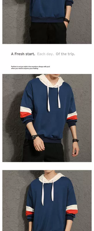 2018 mùa thu mới áo len trùm đầu nam phiên bản Hàn Quốc của xu hướng lỏng tương phản sọc màu áo dài tay áo khoác nam - Áo len