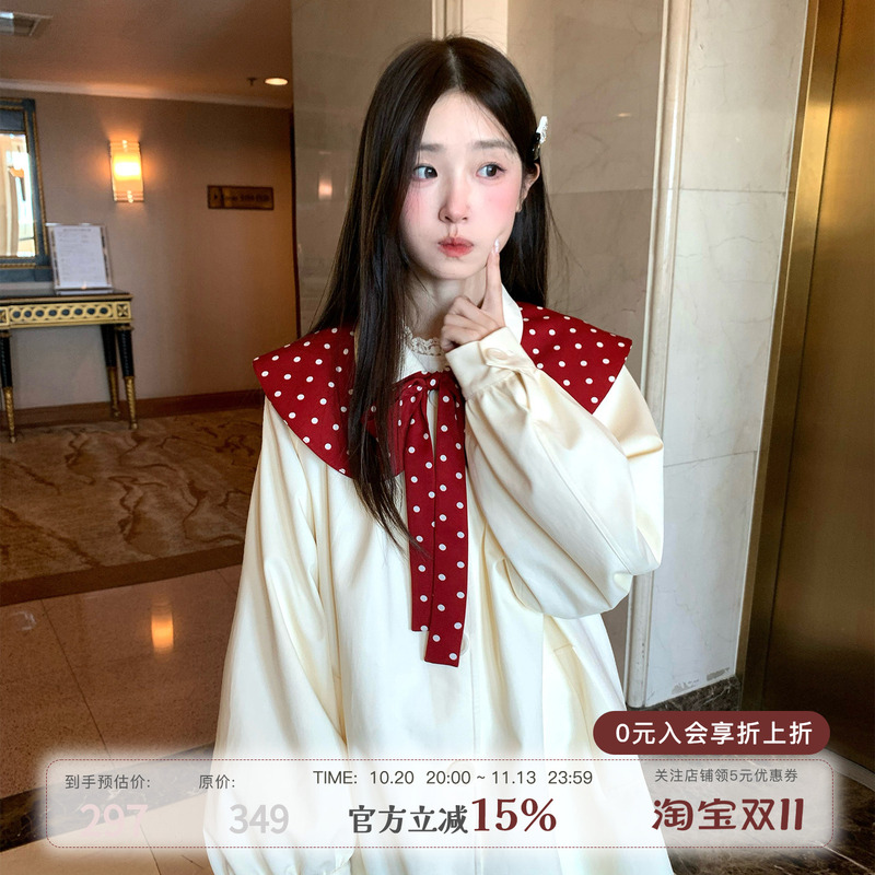 Mucha Wood Tea "Milk White Sweet Berry" College Style Milk White Polka Dot Shawl Trench Coat for Women, Autumn Age-Reducing Fashionable Jacket