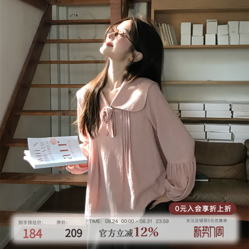 Mucha Wood Tea "Pink Brown Rose Rose" Elegant Artistic Style Navy Collar Shirt Women's Autumn Loose Lace-Up Casual Top