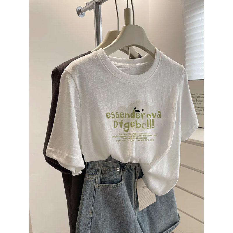 Unique Round-Neck Snowflake Cotton Short-Sleeve T-Shirt for Women, High-Quality Cotton, Straight-Cut, Fashionable, Slimming White Top