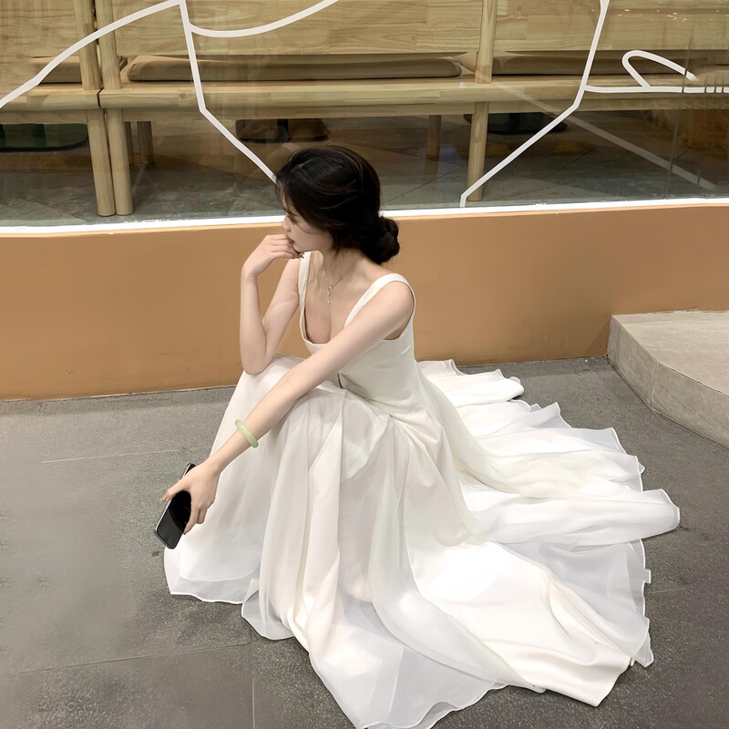 A Can of Almond Peach-Colored French-Style Dress with Mesh Stitching, White Ballet-Style High-End Dress, Wedding Dress, Long Dress A Can of Almond Peach-Colored French-Style Dress with Mesh Stitching, White Ballet-Style High-End Dress, Wedding Dress, Long Dress