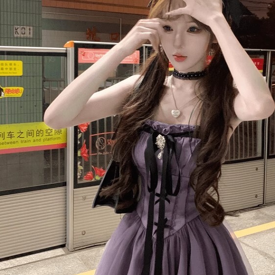 French Sweet Girl Purple Suspender Dress for Women, Summer Pure and Sexy Design, Princess Dress with Waist-Cinching and Puffy Skirt