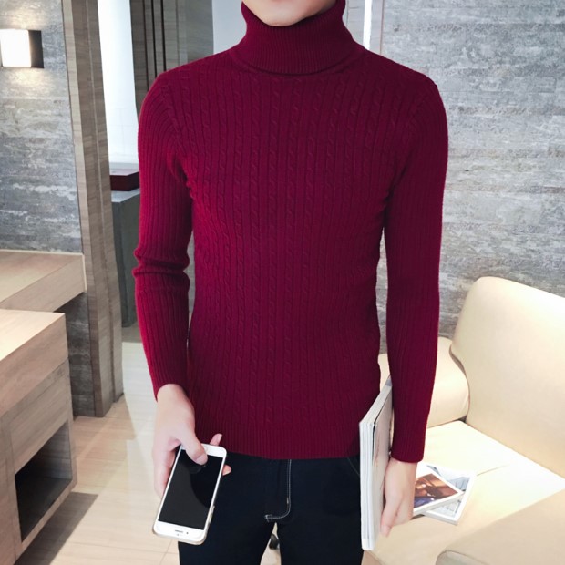 Ngủ nam Slim Slim Đen trắng cao cổ áo len ấm áp đan áo sơ mi dài tay bó sát áo len nam