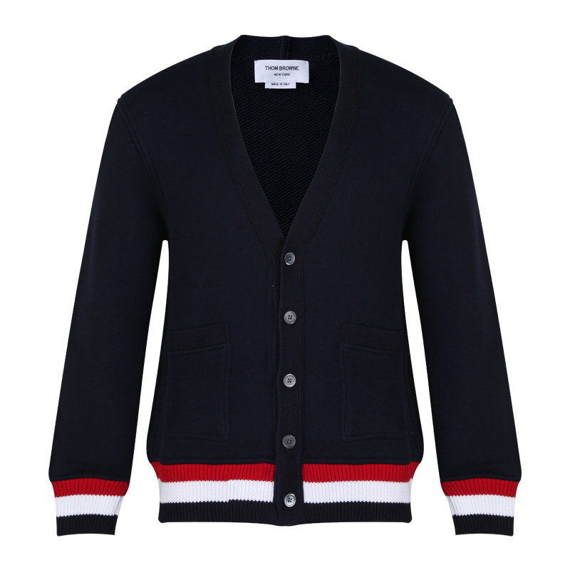 v-cổ khóa Thom Browne diwled ba màu đan viền áo khoác cardigan