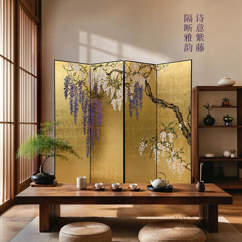 Dongxin Yiping French-Style Vintage Wisteria Flower Folding Screen with Hand-Painted Lacquer Painting for Villa Tea Room, Living Room, and Model Room