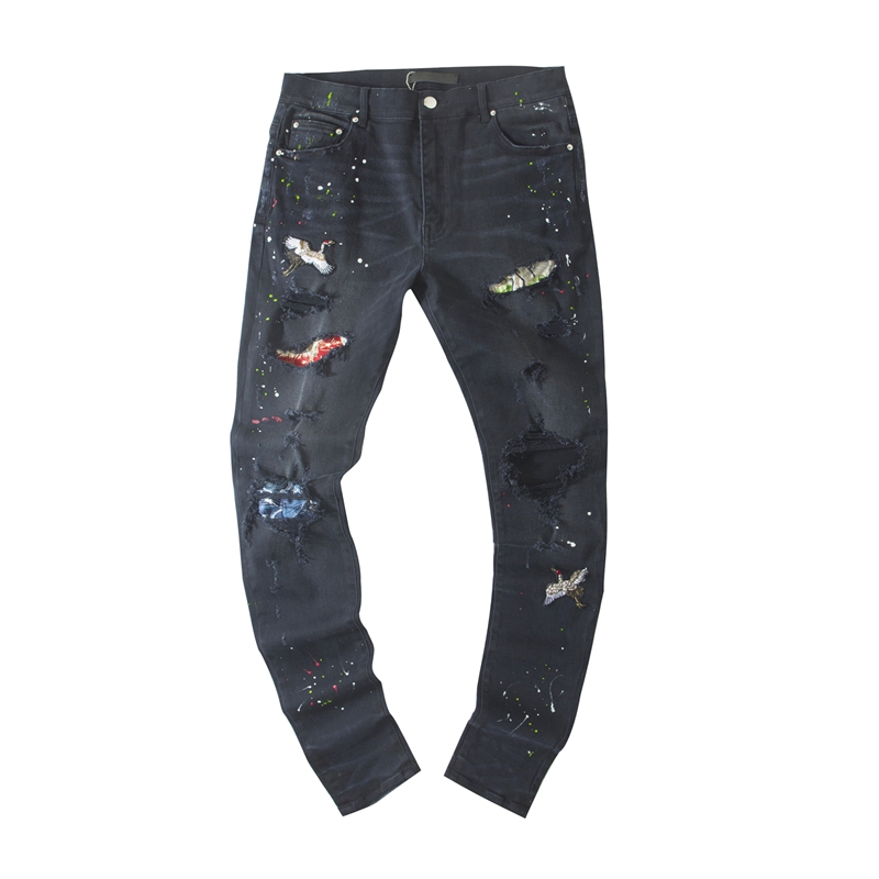 Roaring Little Eyes AMIRI Style Crane Embroidered Cloth Splash Ink Broken Hole Destroys High Street Washed Jeans