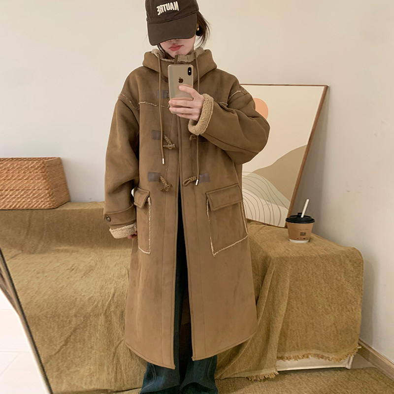 Pure color temperament Even hat horn buckle long style jacket 2023 Winter new Korean version loose with slim 100 lap blouses-Taobao