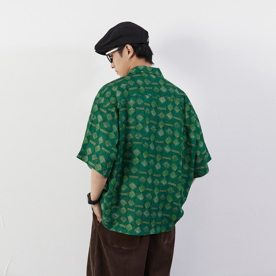 Mentmate 22SS 波斯草绿 垂坠丝感细密菱形格花纹短袖衬衫男春夏