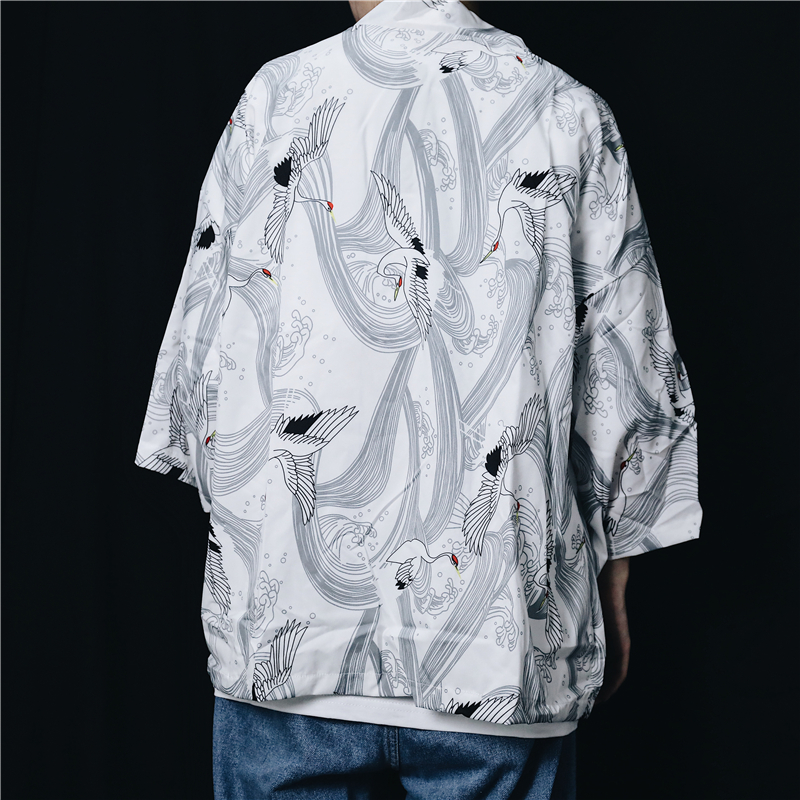 Phong cách Nhật Bản và gió retro văn học trắng cần cẩu kimono cardigan thủy triều nam và nữ lỏng lẻo ukiyo-e tay áo bảy điểm  áo sơ mi nam tay ngắn