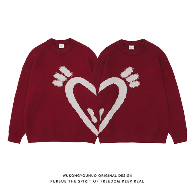 Wukong is in stock ins love jacquard couple knitted sweater men's trendy brand red loose casual versatile top