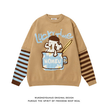 Retro cartoon jacquard fake two piece crew neck sweater Retro cartoon jacquard fake two piece crew neck sweater