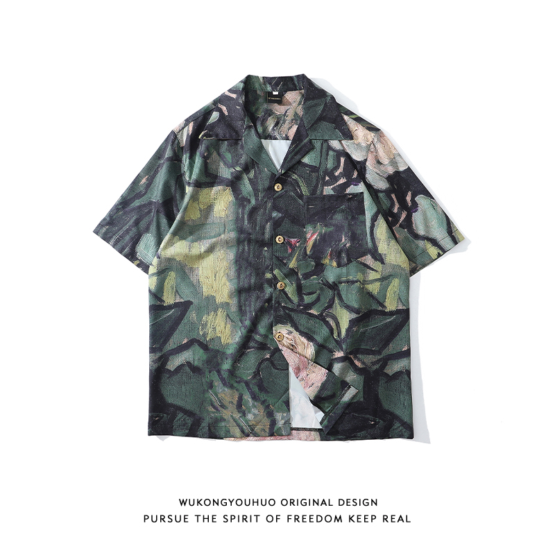 Epiphany with goods American retro full version Graffiti Short Sleeve Shirt Male Tide Card Hip Hop Loose Bf Lovers Jacket Jacket