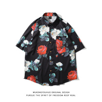 Wukong goods ins Harajuku wind rose print Hawaiian short sleeve shirt mens Tide brand loose lazy wind jacket