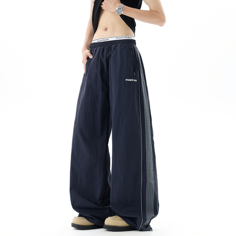 Wukong Has in Stock Trendy Plaid Patchwork Drawstring Elastic Sports Pants for Men, American Retro Loose Wide-Leg Casual Trousers
