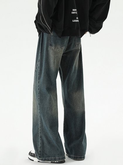 悟空有货美式复古做旧水洗微喇牛仔裤男cleanfit街头宽松直筒长裤