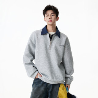 悟空有货美式复古撞色假两件长袖POLO衫男潮牌宽松百搭半拉链卫衣