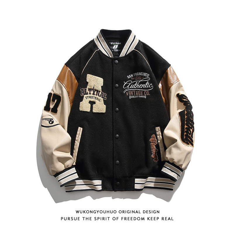 Wukong Has in Stock American Retro Letter Flocking Patchwork Baseball Jacket for Men, Hip-Hop Loose Fit Versatile Trendy Jacket Wukong Has in Stock American Retro Letter Flocking Patchwork Baseball Jacket for Men, Hip-Hop Loose Fit Versatile Trendy Jacket