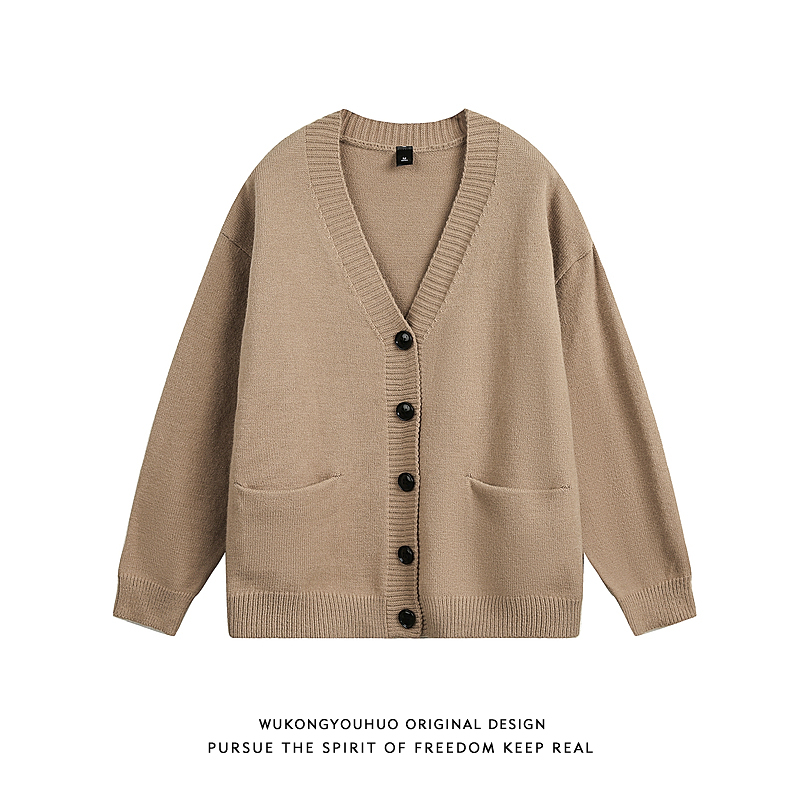Wukong Has in Stock Retro Japanese-Style Lazy Cardigan V-Neck Sweater for Men and Women, Loose-Fitting Couple Casual Knitwear for Autumn