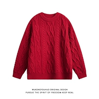 悟空有货 Дизайнерский красный демисезонный свитер, трикотажная парная одежда для влюбленных, тренд сезона, круглый воротник, оверсайз
