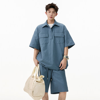 Summer casual sports short-sleeved shirt suit men's trendy brand