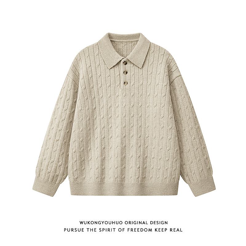 Wukong Has in Stock a Retro Textured Polo Collar Sweater for Men and Women, Loose Fit, High-End Feel, Cleanfit Casual Knitwear Wukong Has in Stock a Retro Textured Polo Collar Sweater for Men and Women, Loose Fit, High-End Feel, Cleanfit Casual Knitwear