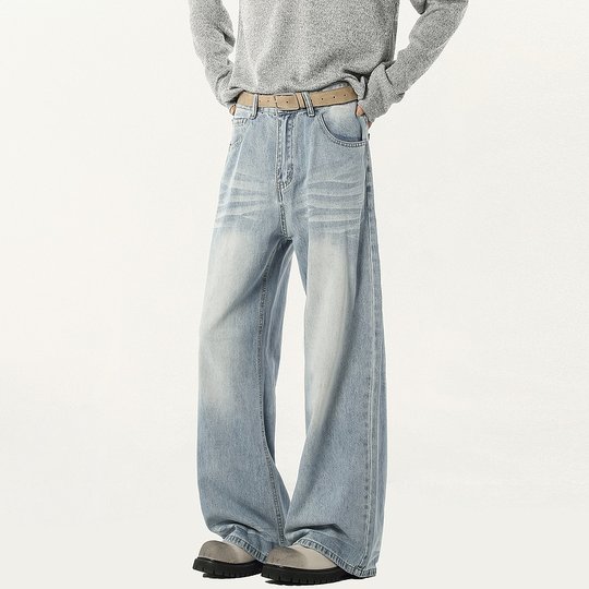 悟空有货cleanfit街头复古浅色牛仔裤男潮牌宽松休闲直筒拖地裤子