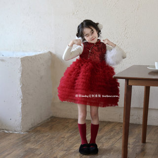 女童红色亮片网纱蛋糕裙加绒背心裙2025冬季女孩新中式公主连衣裙