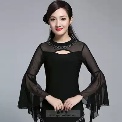 Modern dance clothes Latin square dance long-sleeved women's national standard dance black practice clothes ruffle sleeves handmade nail diamond models