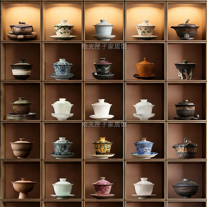 Tea Room Tea House Display Rack Ornaments Chinese Song-Style Aesthetics Kung Fu Tea Set Ceramic Three-Piece Gaiwan Tea Cup Tea Bowl Tea Room Tea House Display Rack Ornaments Chinese Song-Style Aesthetics Kung Fu Tea Set Ceramic Three-Piece Gaiwan Tea Cup Tea Bowl