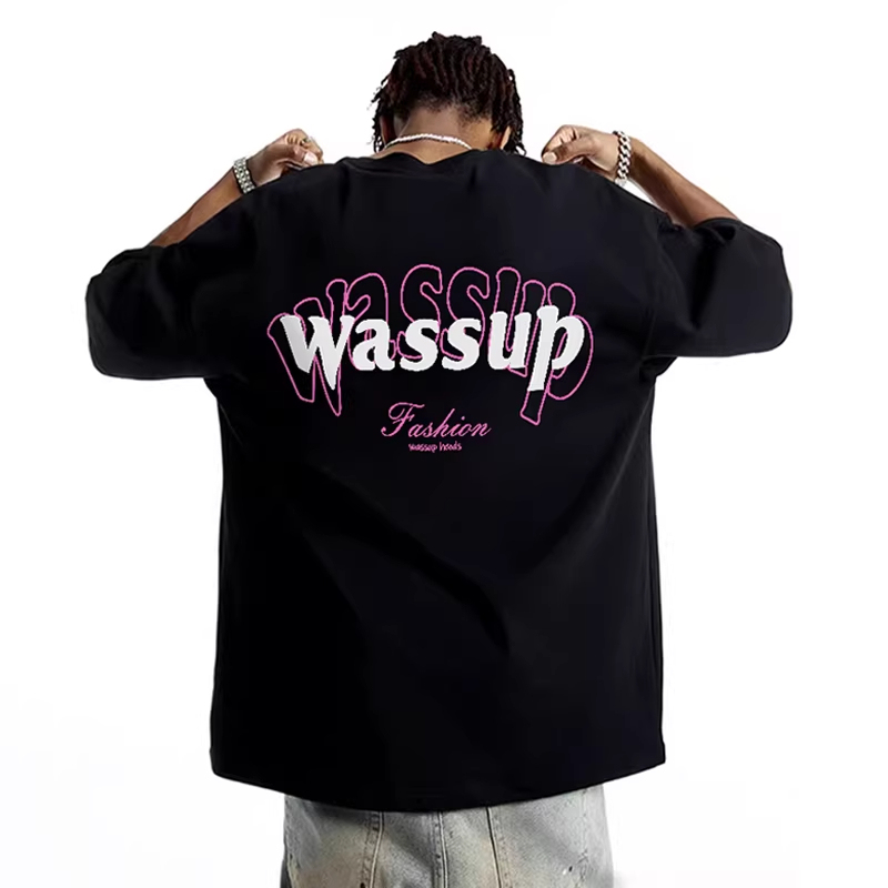 Wassup Trendy American-Style Heavy Letter Short-Sleeve T-Shirt for Men and Women, Summer Loose and Versatile Pure Cotton Couple T-Shirt