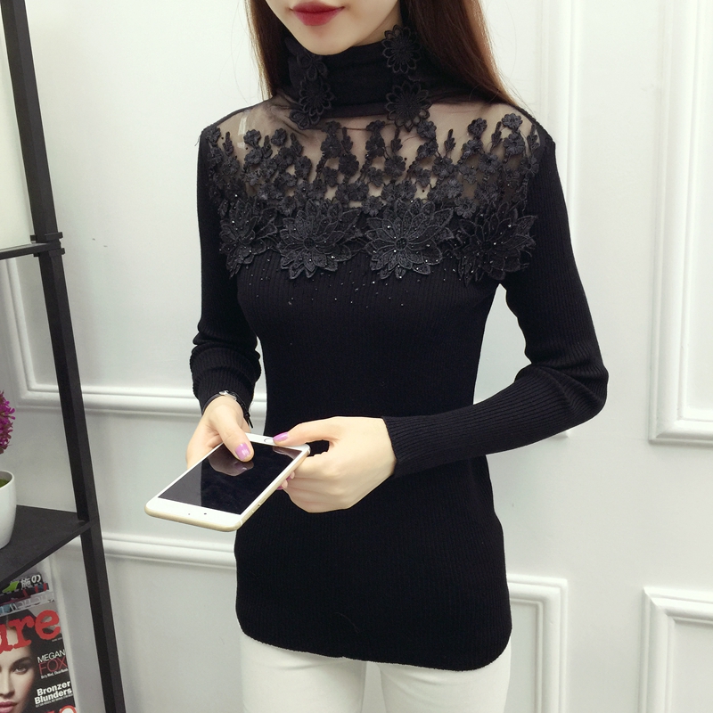 Áo len ren mùa thu và mùa đông của phụ nữ áo lưới ngọt ngào lỗ rỗng cổ cao đáy áo sơ mi nữ đầu áo len dài tay áo len gile