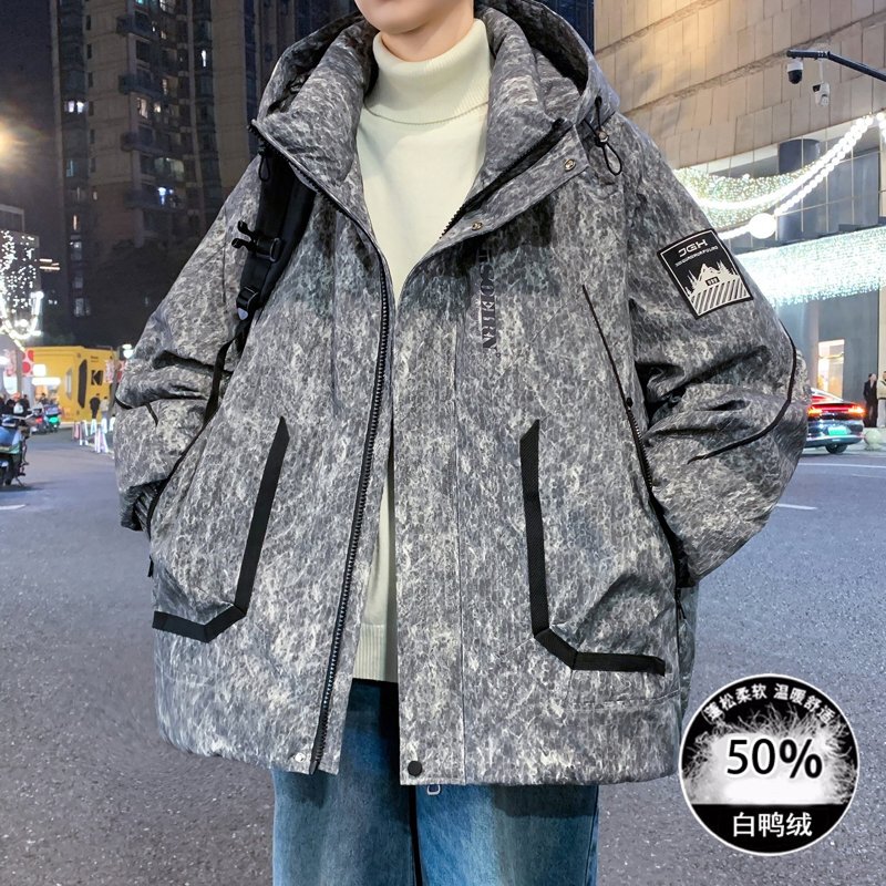 New Camouflage Print Warm down Jacket for Men, 2025 Winter Trendy Workwear American Style White Duck down Coat