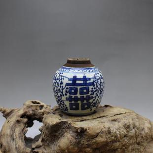 Qing Kangxi blue and white happy word pot handmade antique unearthed old goods porcelain small tea pot antique antique collection