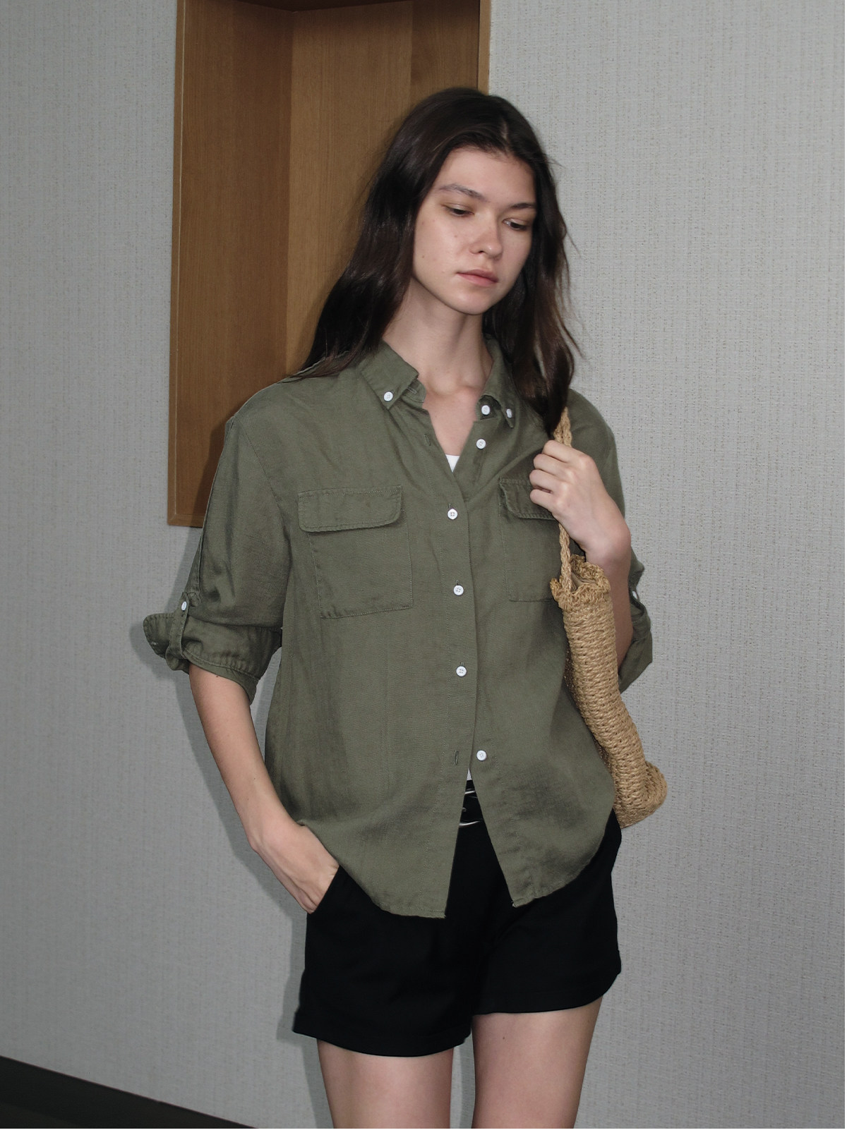 JCAESAR WOMEN Washed Linen Rolled-Cuff Long-Sleeve Shirt