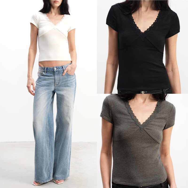 Jcaesar Women Lace V-Neck Short-Sleeved T-Shirt with Lace Splicing Design, Layered Look, Suitable for Daily Commuting