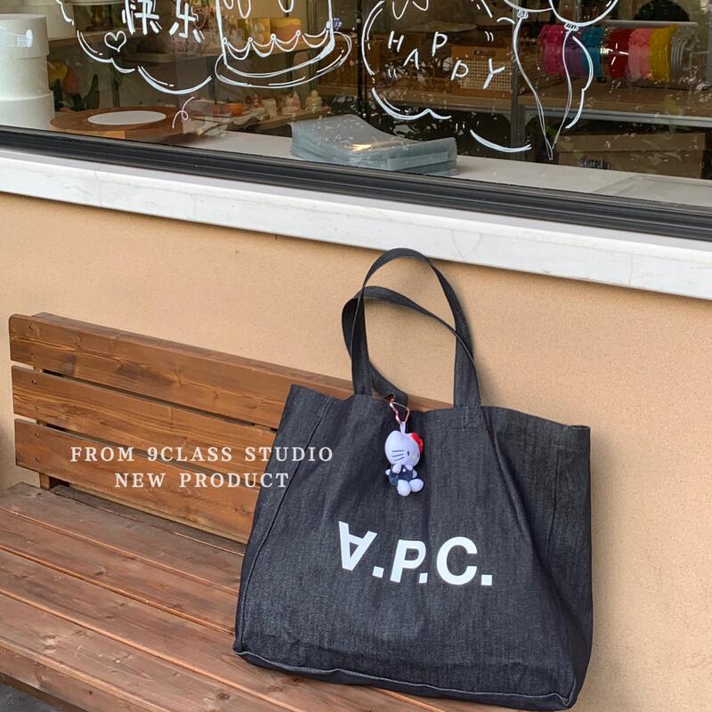 9Class 【Denim Special】 Blogger's Same Style Apc Letter Commuter Shoulder Canvas Bag, Easy to Match with Shopping Bags