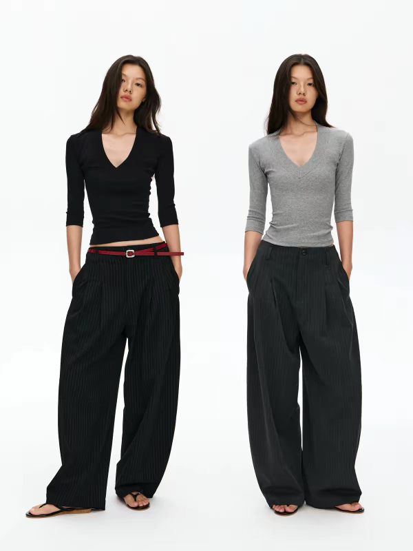 Besober Deep V-Neck Slim-Fit Three-Quarter Sleeve T-Shirt Set for Women, Autumn Vertical Striped Pants Set Without Waistband, Two-Piece Set