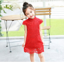 Girl Red Qipao Dress Summer Baby Thin improved Han suit Pure cotton Childrens water soluble lace dress
