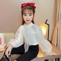 Girl High Collar Bottom Jersey Fall New White Children Long Sleeve Bubble Sleevy Jacket Spring Autumn Dress Superfairy T-shirt Tide