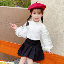 Girl White Undershirt 2021 Early Autumn New Childrens Bubble Cuff Long Sleeve T-shirt Spring Autumn Season Pure Color Blouse Tide