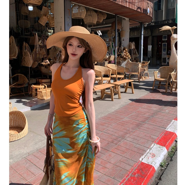 Thailand Sanya Seaside Vacation Travel Printed Skirt Feminine Halter Top Set Beach Long Skirt