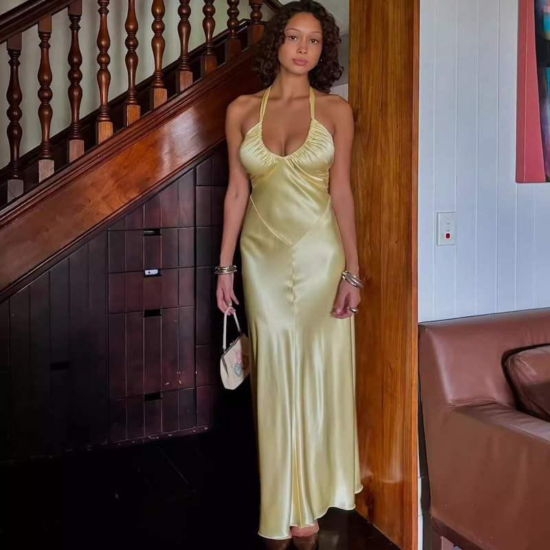 French-Style Light Luxury High-End Yellow Acetate Halter Dress, Sexy V-Neck, Elegant, Slimming, Backless Long Dress