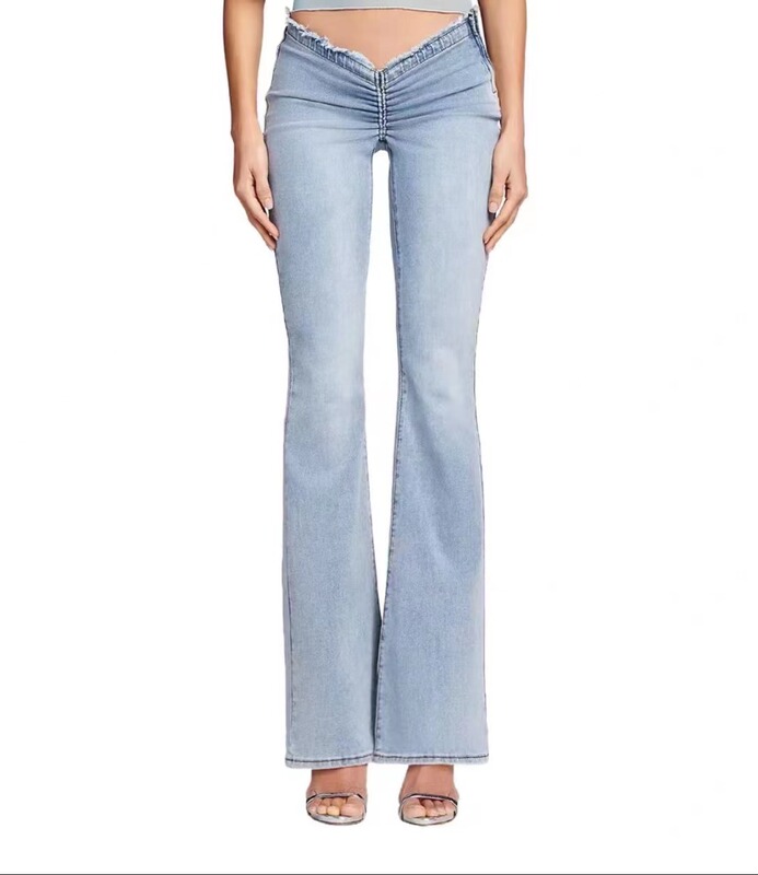 Iamgia Yu Shuxin's Same Style Supermodel Pants, Stretchy Tight-Fitting Frayed Hem V-Waist Distressed Micro-Flared Denim Long Pants for Women