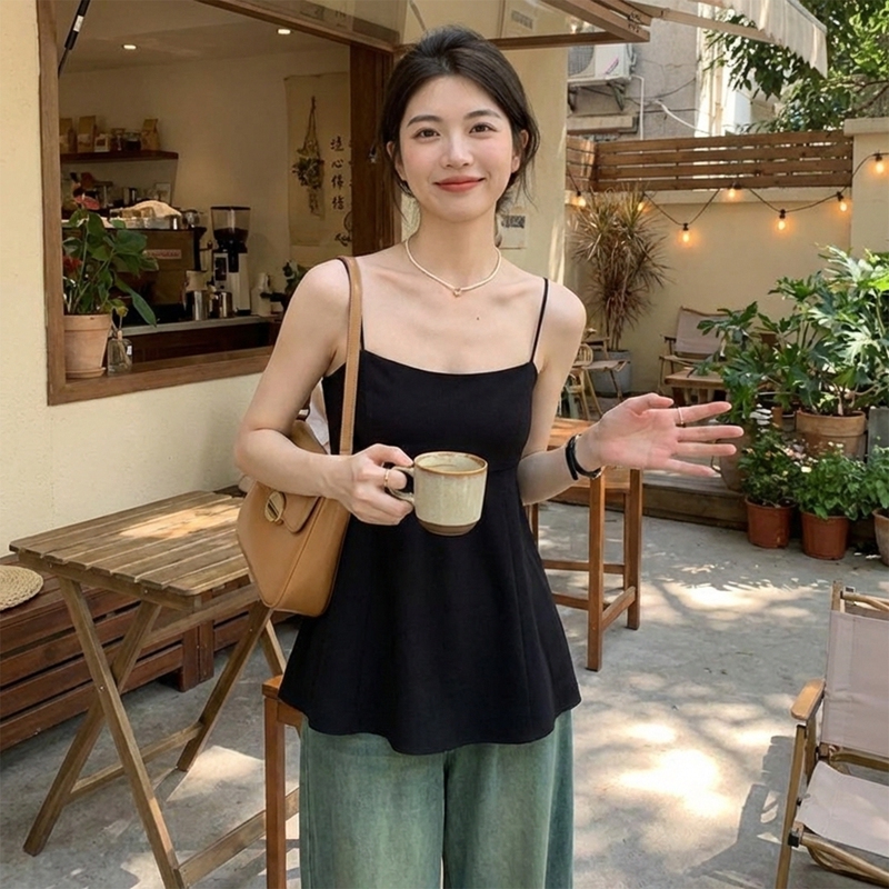 French-Style Casual Black Sleeveless Camisole for Women, Spring/Summer 2026 New Style, Gentle Style, Waist-Cinching, Loose and Slimming Top