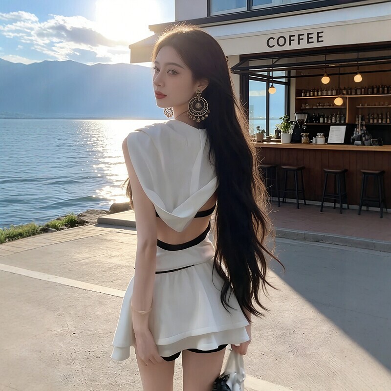 Korean Style Hot Girl Sports Style Suit for Women, New Summer Style Hooded Zipper Sleeveless Backless Top and Short Skirt Two-Piece Set