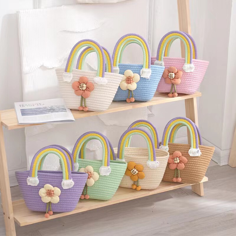 Trendy Cotton Rope Handbag, Versatile Tote Bag, Floral Woven Beach Bag, Wedding Full Moon Gift, Rainbow Bag Trendy Cotton Rope Handbag, Versatile Tote Bag, Floral Woven Beach Bag, Wedding Full Moon Gift, Rainbow Bag