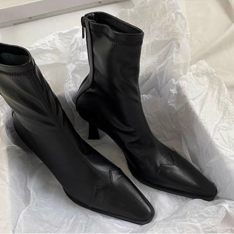 Net red autumn winter single boots 2022 new retro - square heads with elastic boots in the middle tube high and lean boots