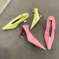 European and American 2021 Early spring new crystal to soft leather witch high heel shoe small square head retro light mouth single shoe woman coarse heel