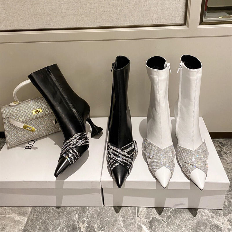 Ins Kendou with the same fashion boots 2022 autumn and winter new rhinestone pointed high-heeled stiletto short boots women's mid-tube slimming